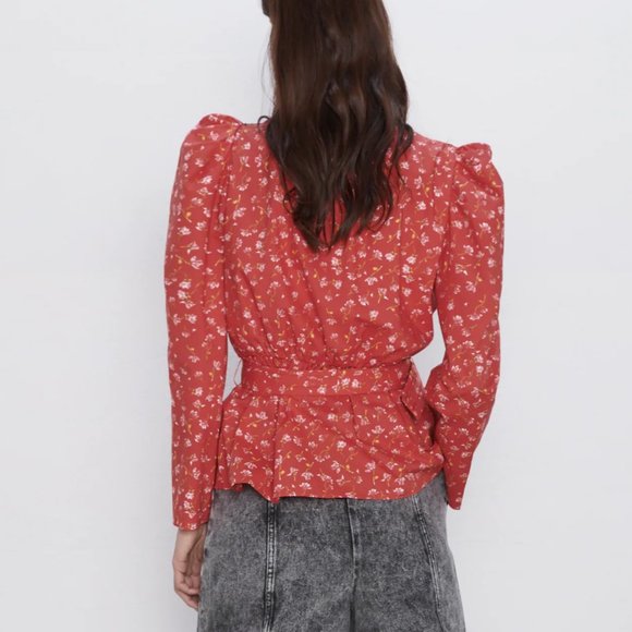 NWT Zara Floral Poplin Belted Wrap Top Size M - Picture 6 of 12
